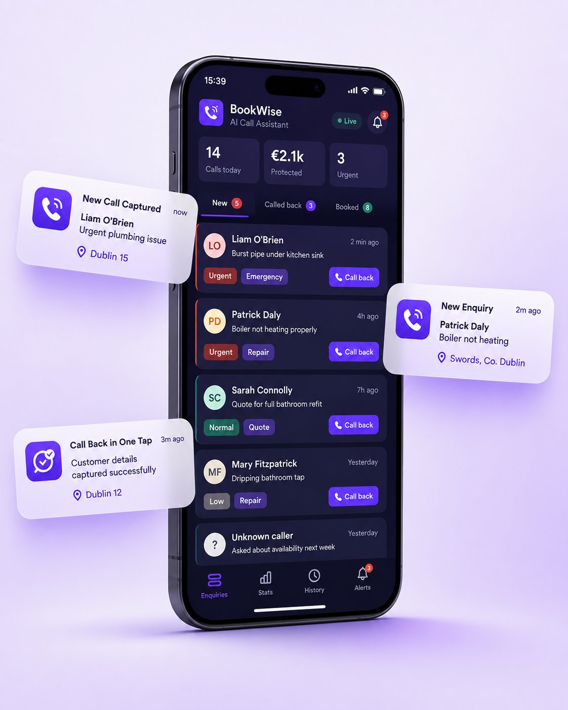 BookWise app — live enquiries dashboard