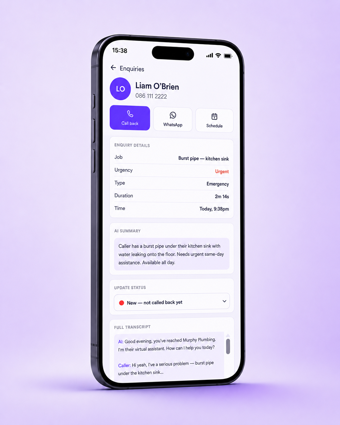 BookWise app — call detail with AI summary and transcript